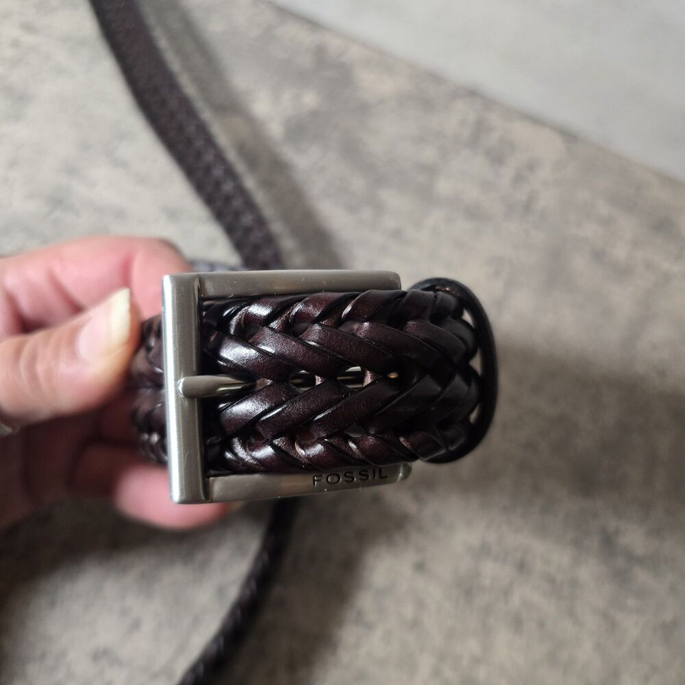 Fossil Brown Leather Braided Belt Mens Sz 44 Square Silver Buckle Woven Dark